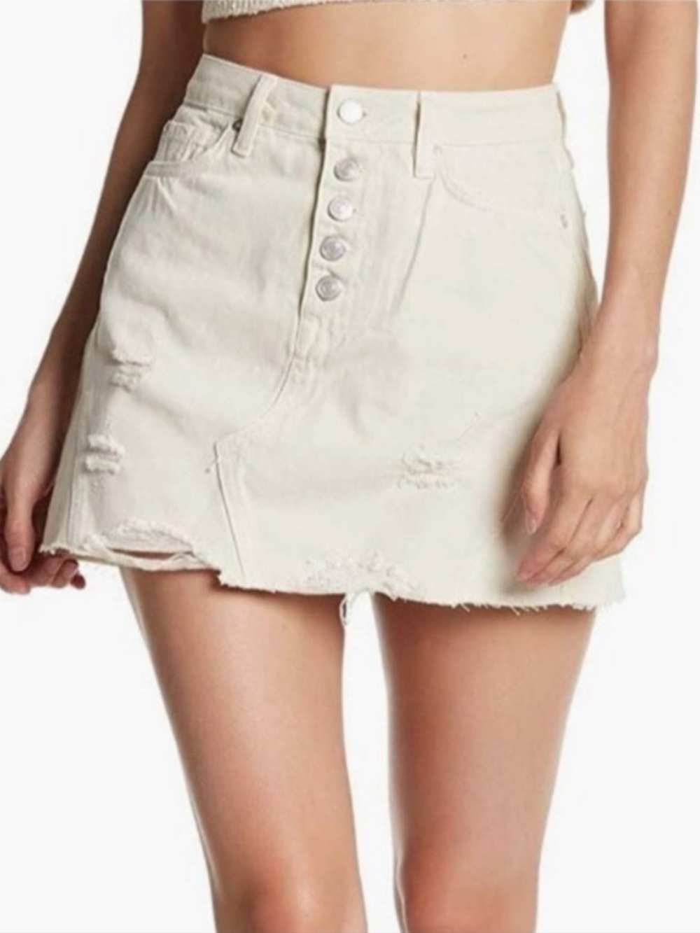 Free People🍦🤍 Destroyed Denim Buttonfly Miniskirt in Worn White (Ivory)